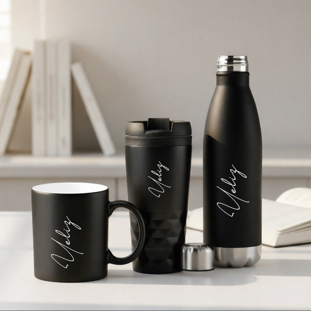 Personalized Name Engraved 3’lü Black İçecek Set