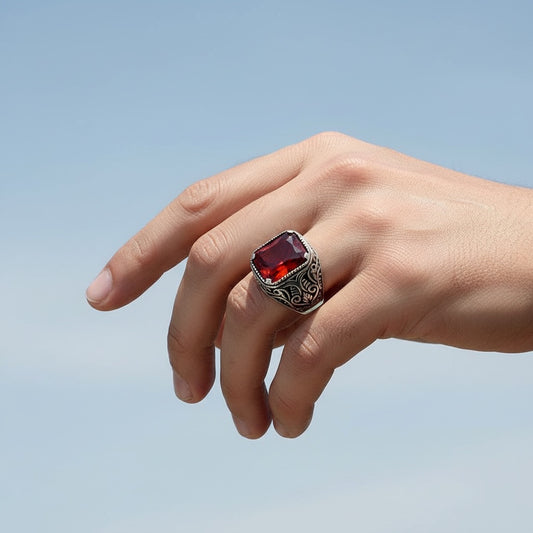 Red Zircon Stone Men's Silver Ring