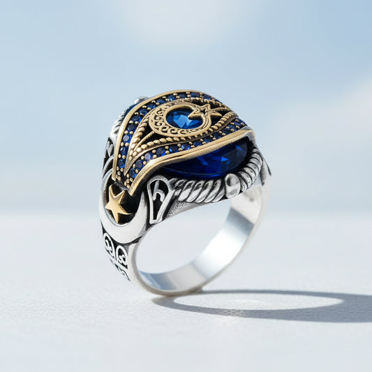 Anneau de motif de la lune étoile des hommes