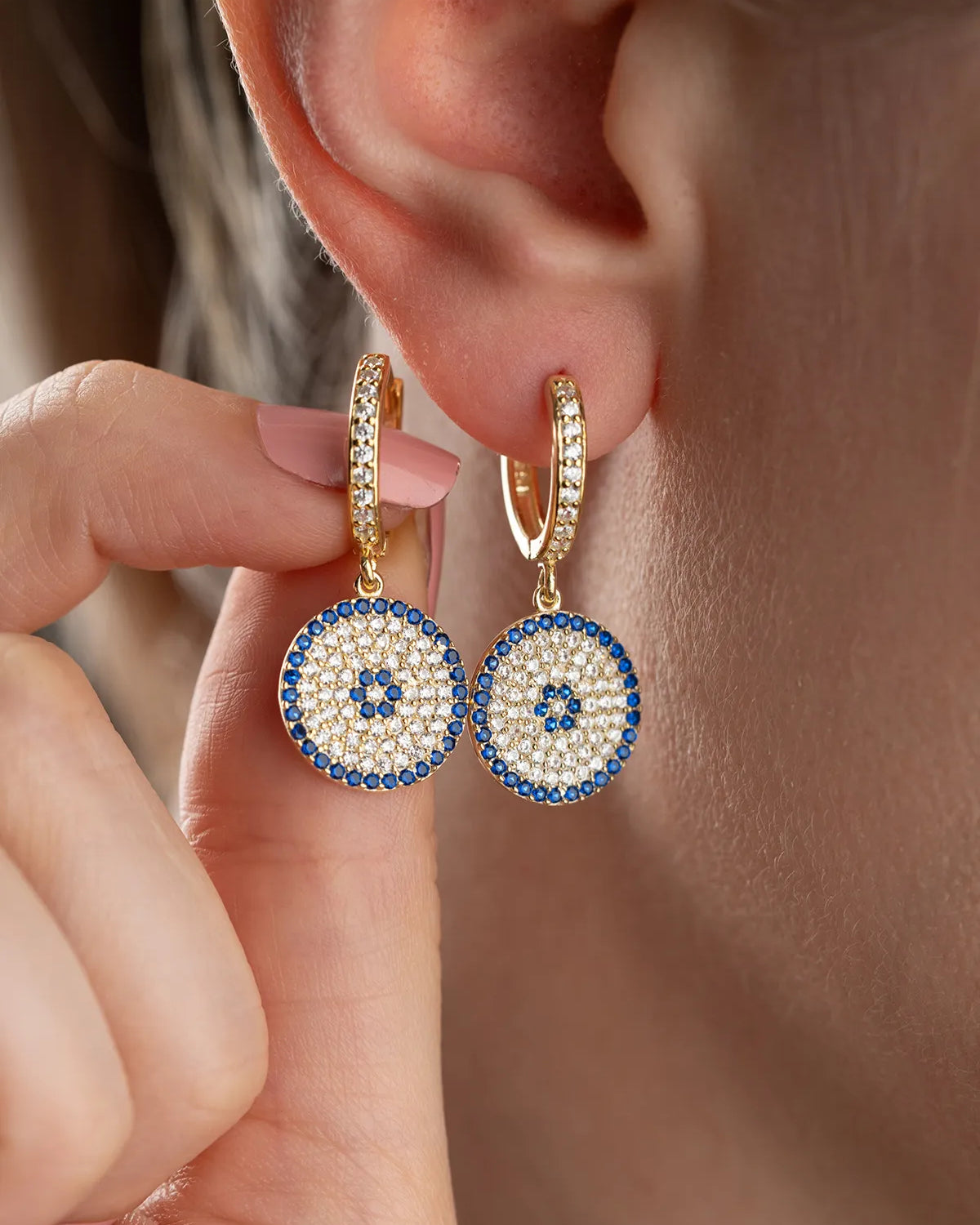 Blue Aura Evil Nazar Round Earrings - 925 Sterling Silver
