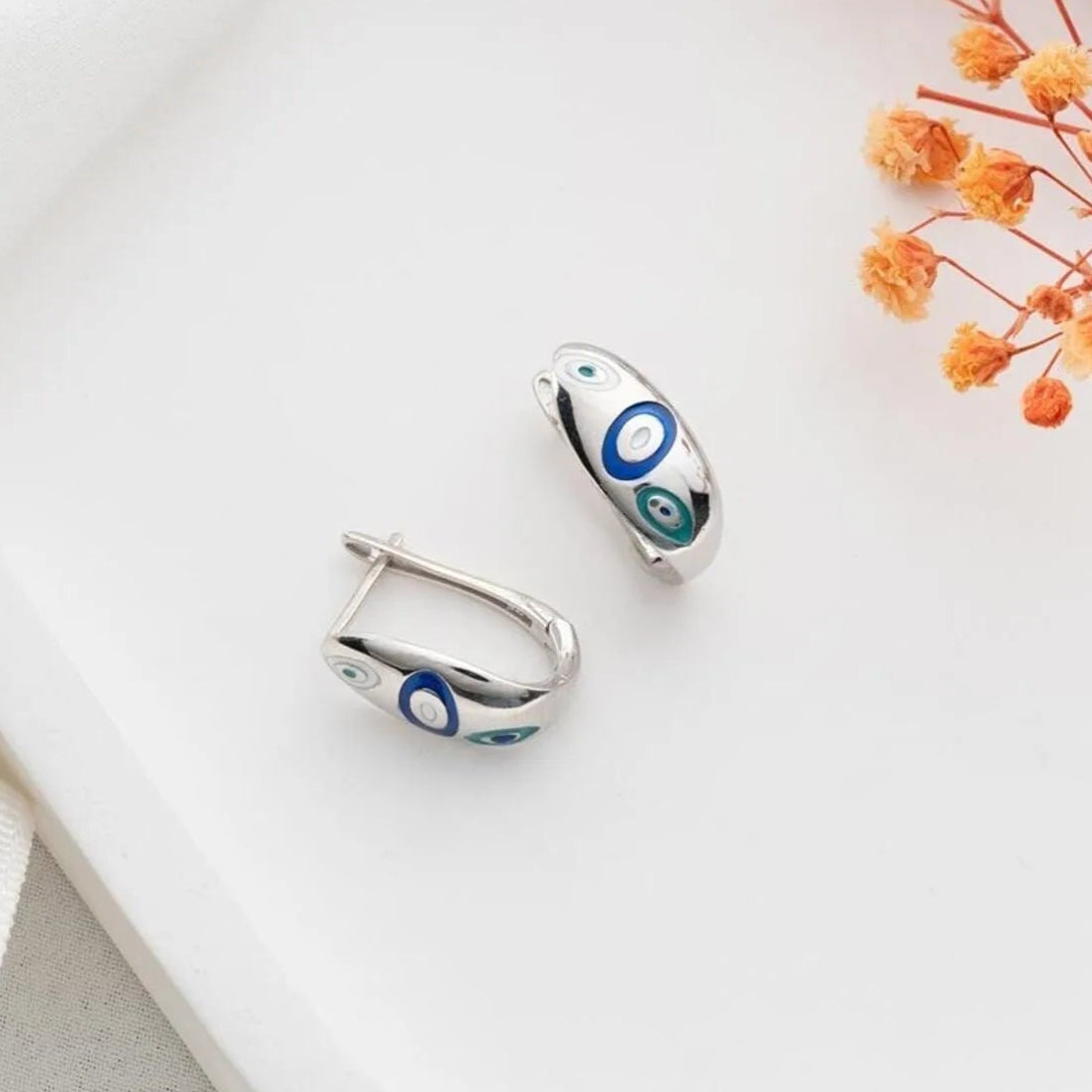 Nazar Ring Earrings - 925 Sterling Silver - Blue Aura