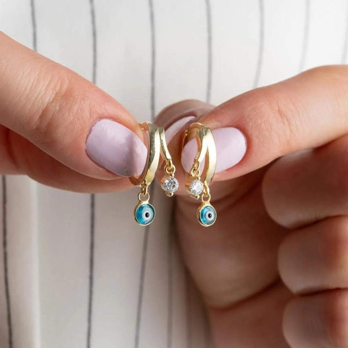Nazar Stone Ring Earrings - 925 Sterling Silver - Blue Aura
