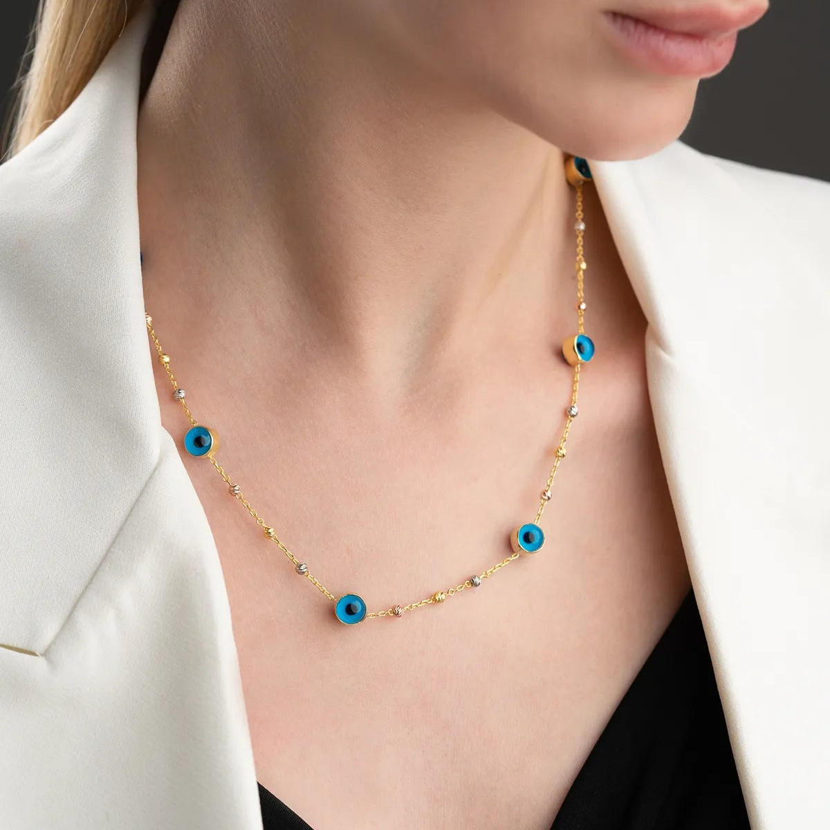 Nazar Collier de chaîne de perles - 925 argent sterling - Aura bleue