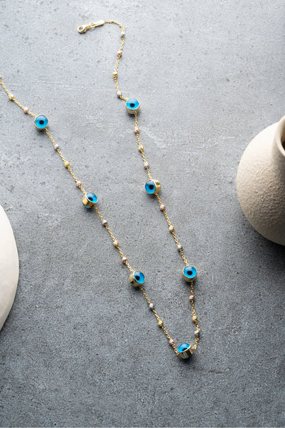 Nazar Collier de chaîne de perles - 925 argent sterling - Aura bleue