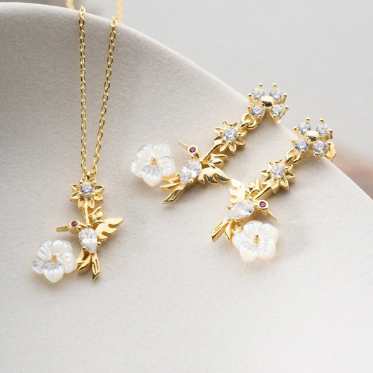 Mira Kuşu Sedef Taşlı Kolye-Küpe Seti