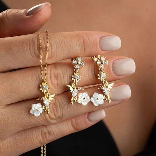 Mira Kuşu Sedef Taşlı Kolye-Küpe Seti