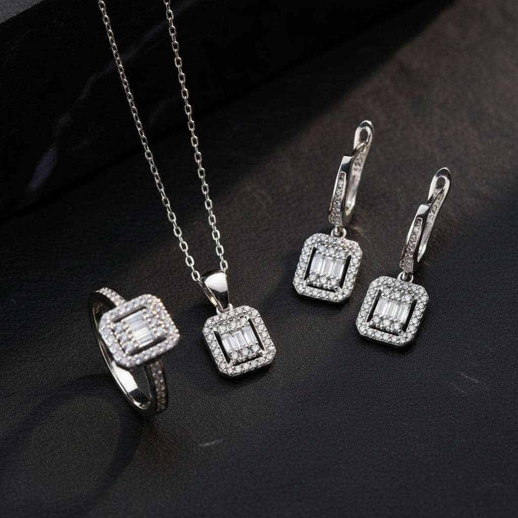 Baget Taşlı Gümüş Set
