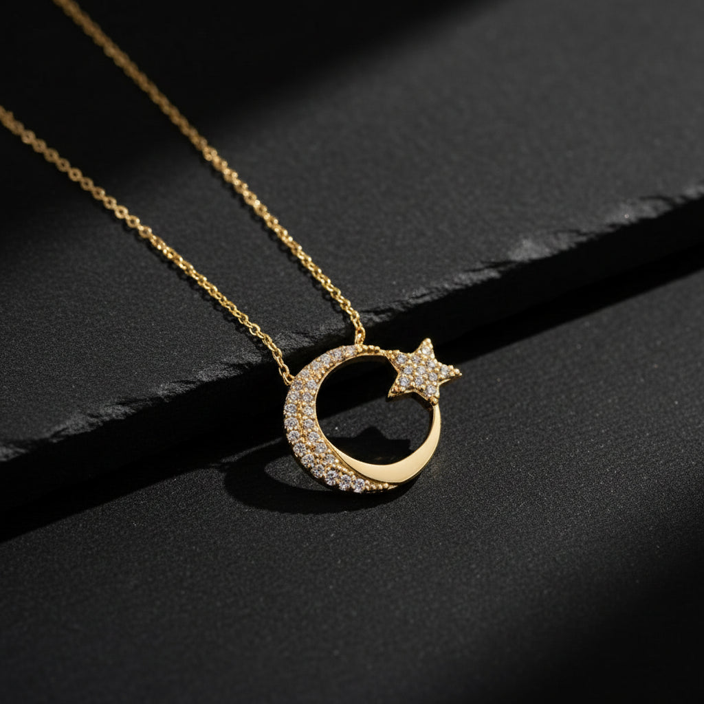 Crescent & Star Zircon Necklace