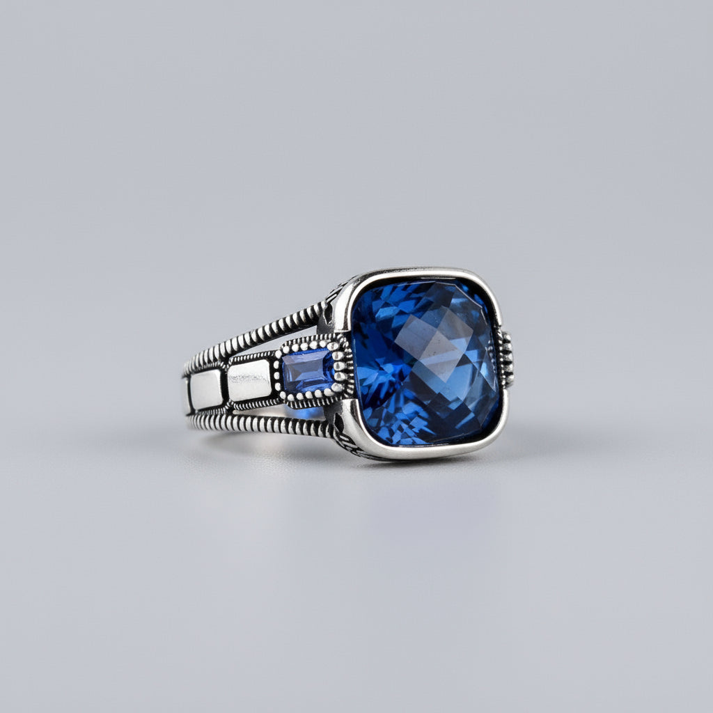 925 Sterling Silver Blue Stone Men's Ring