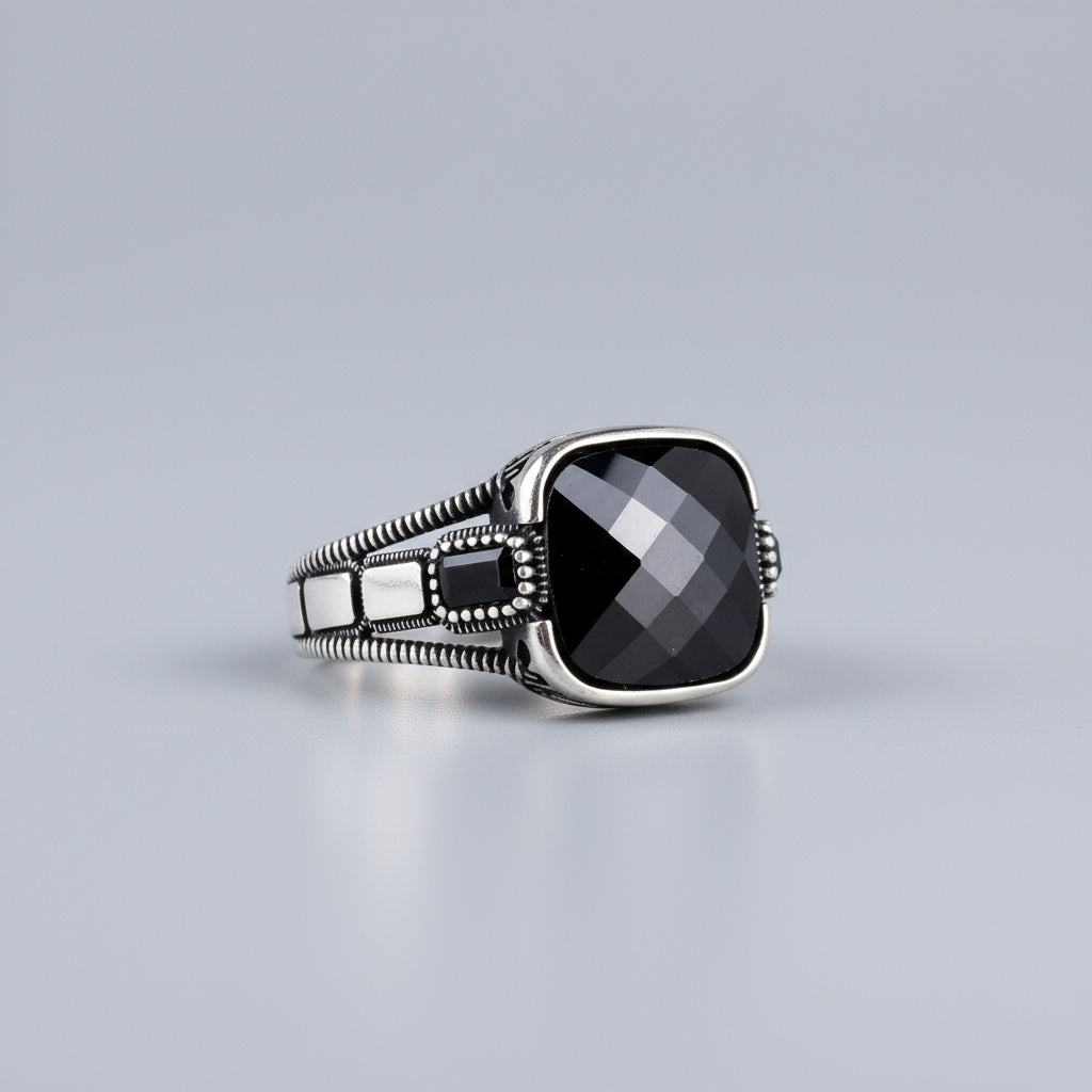 925 Sterling Silver Black Stone Men's Ring