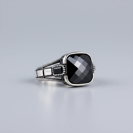 Bague pour homme en argent sterling 925 avec pierre noire