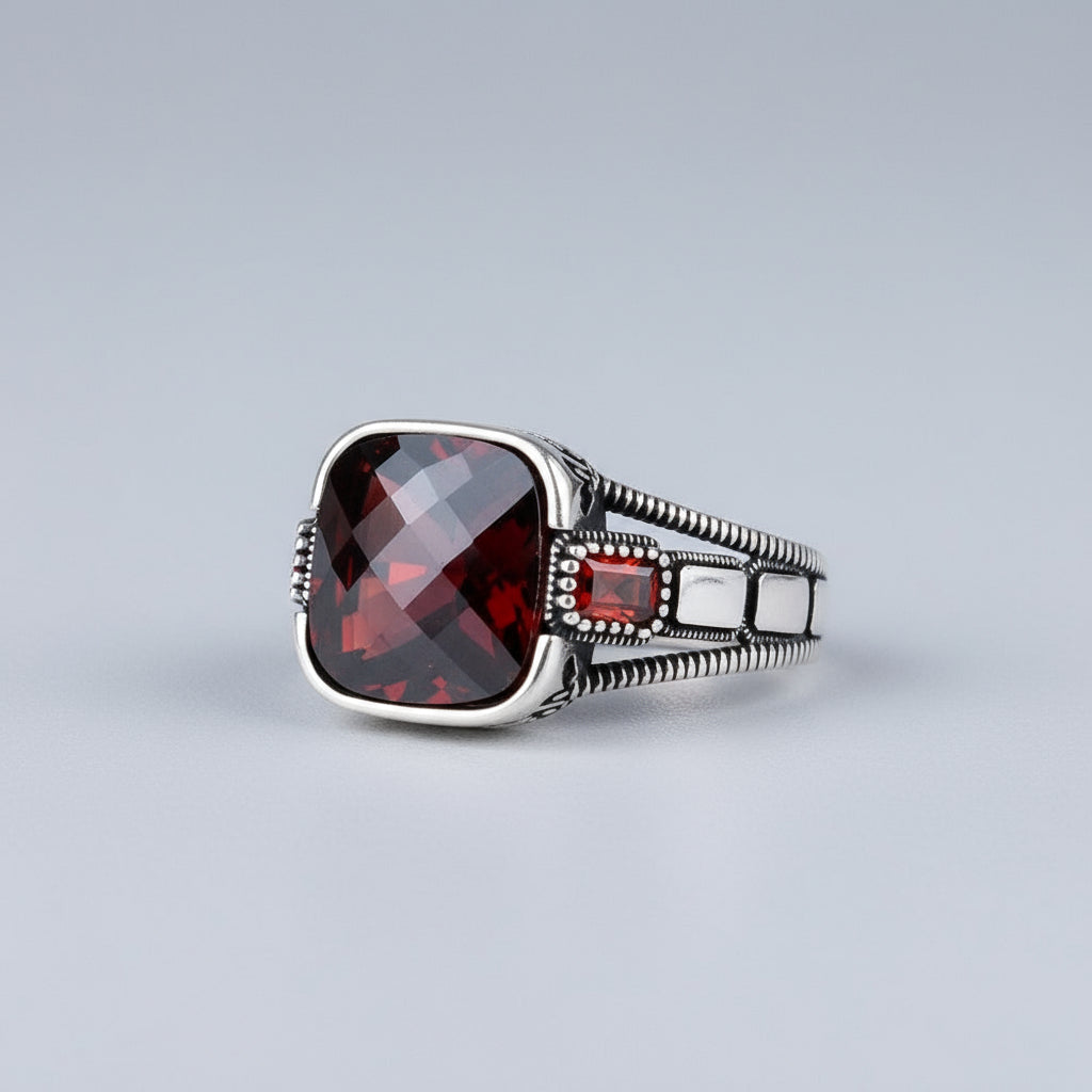 Bague pour homme en argent sterling 925 avec pierre rouge