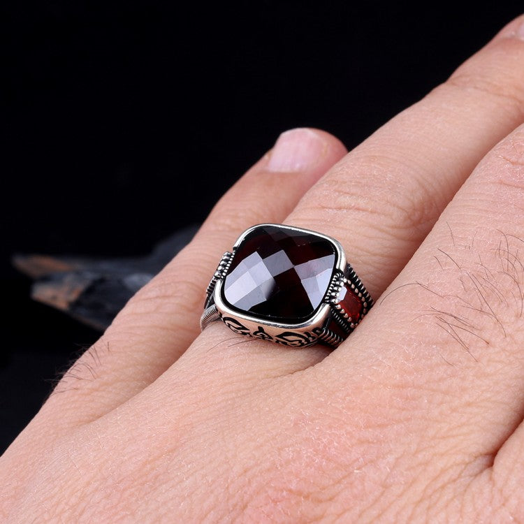925 Sterling Silver Red Stone Men's Ring
