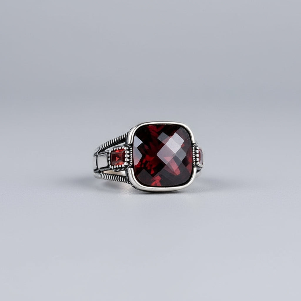 925 Sterling Silver Red Stone Men's Ring