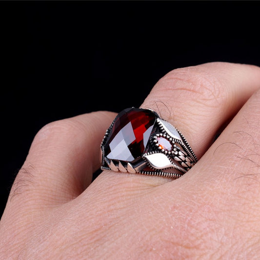 Bague pour homme en argent sterling 925 avec pierre rouge