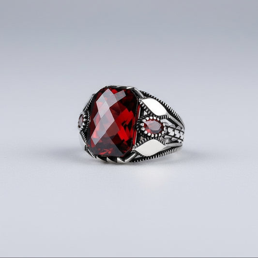 Bague pour homme en argent sterling 925 avec pierre rouge