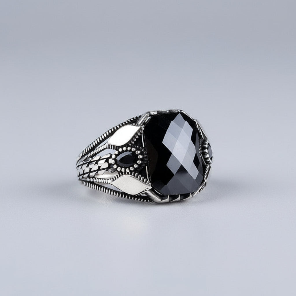 925 Sterling Silver Big Black Stone Men's Ring