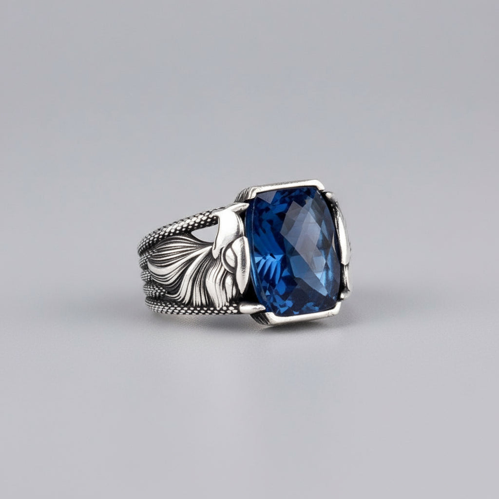 925 Sterling Silver Eagle Motif Blue Stone Men's Ring