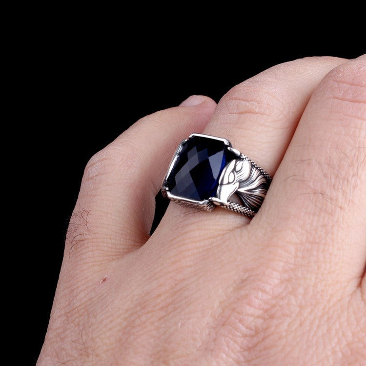 Bague pour homme en argent sterling 925 avec motif aigle et pierre bleue