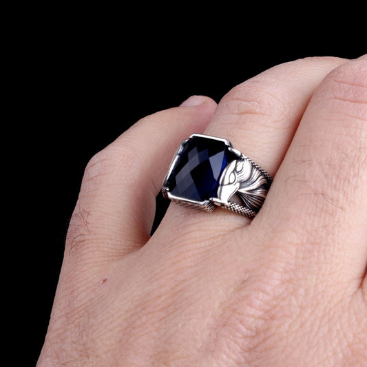Bague pour homme en argent sterling 925 avec motif aigle et pierre bleue