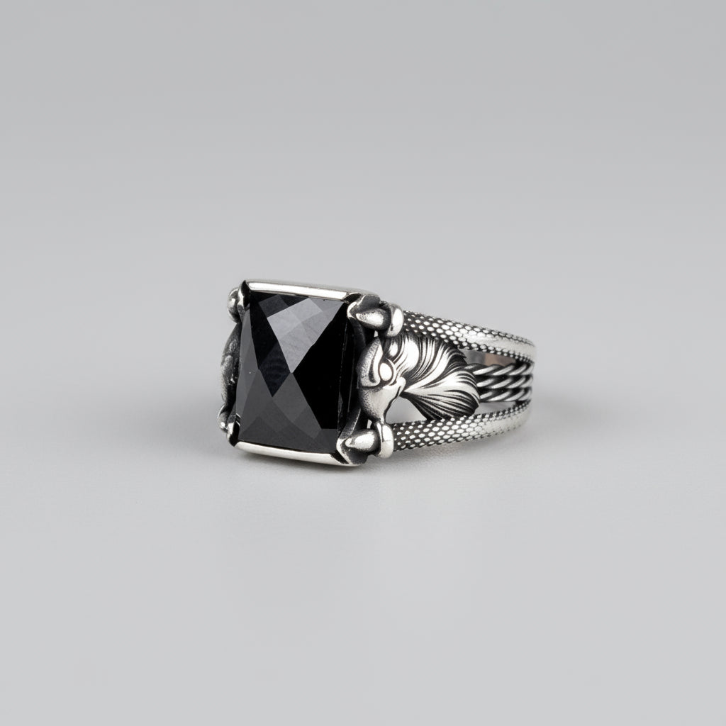 Bague pour homme en argent sterling 925 avec motif aigle et pierre noire