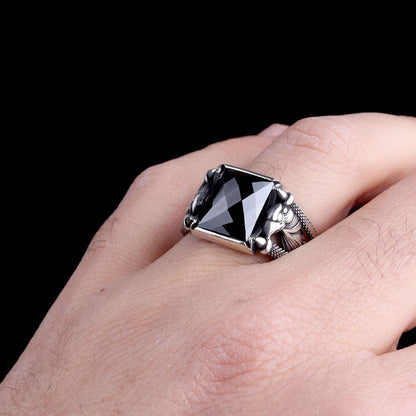 925 Sterling Silver Eagle Motif Black Stone Men's Ring