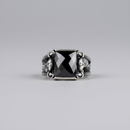 925 Sterling Silver Eagle Motif Black Stone Men's Ring