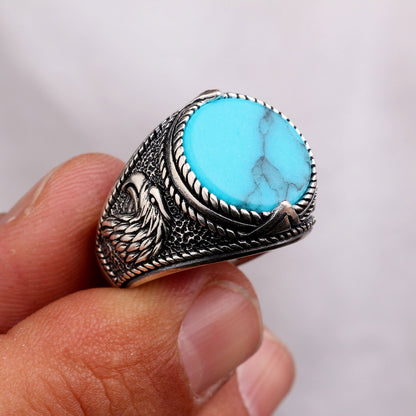 Bague pour homme en argent sterling 925 avec pierre turquoise et motif aigle