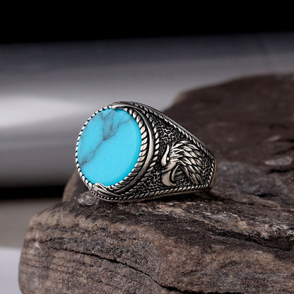 Bague pour homme en argent sterling 925 avec pierre turquoise et motif aigle