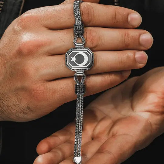 Crescent and Star Embroidered Chain Men's Silver Bracelet