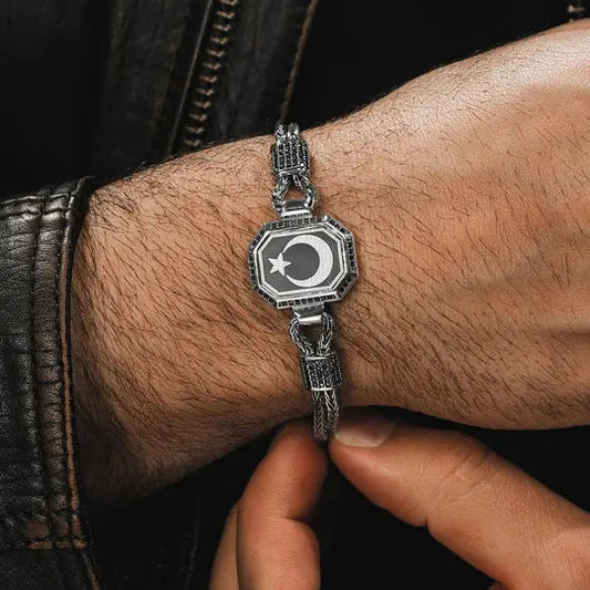Bracelet en argent pour hommes avec chaîne brodée croissant et étoile