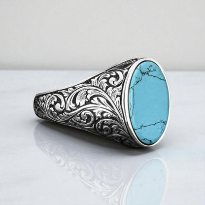 Oval Turquoise Stone Handcrafted Silver Men's Ring
