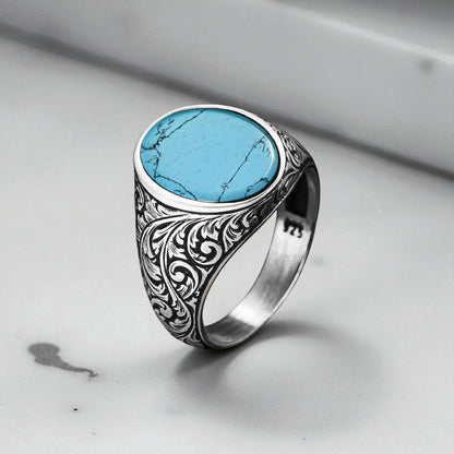 Oval Turquoise Stone Handcrafted Silver Men's Ring