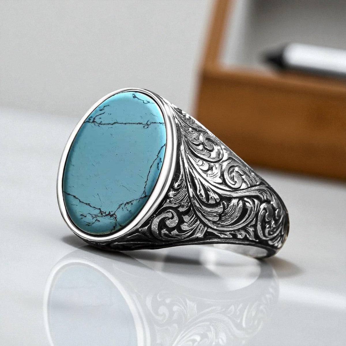 Oval Turquoise Stone-set Handcrafted Silver Men's Ring