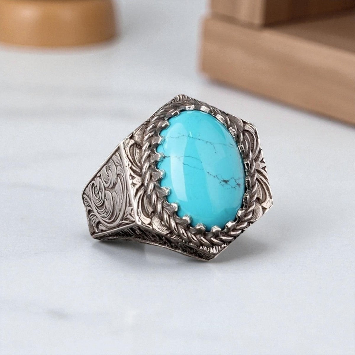Oval Turquoise Stone Handcrafted Men's Silver Ring