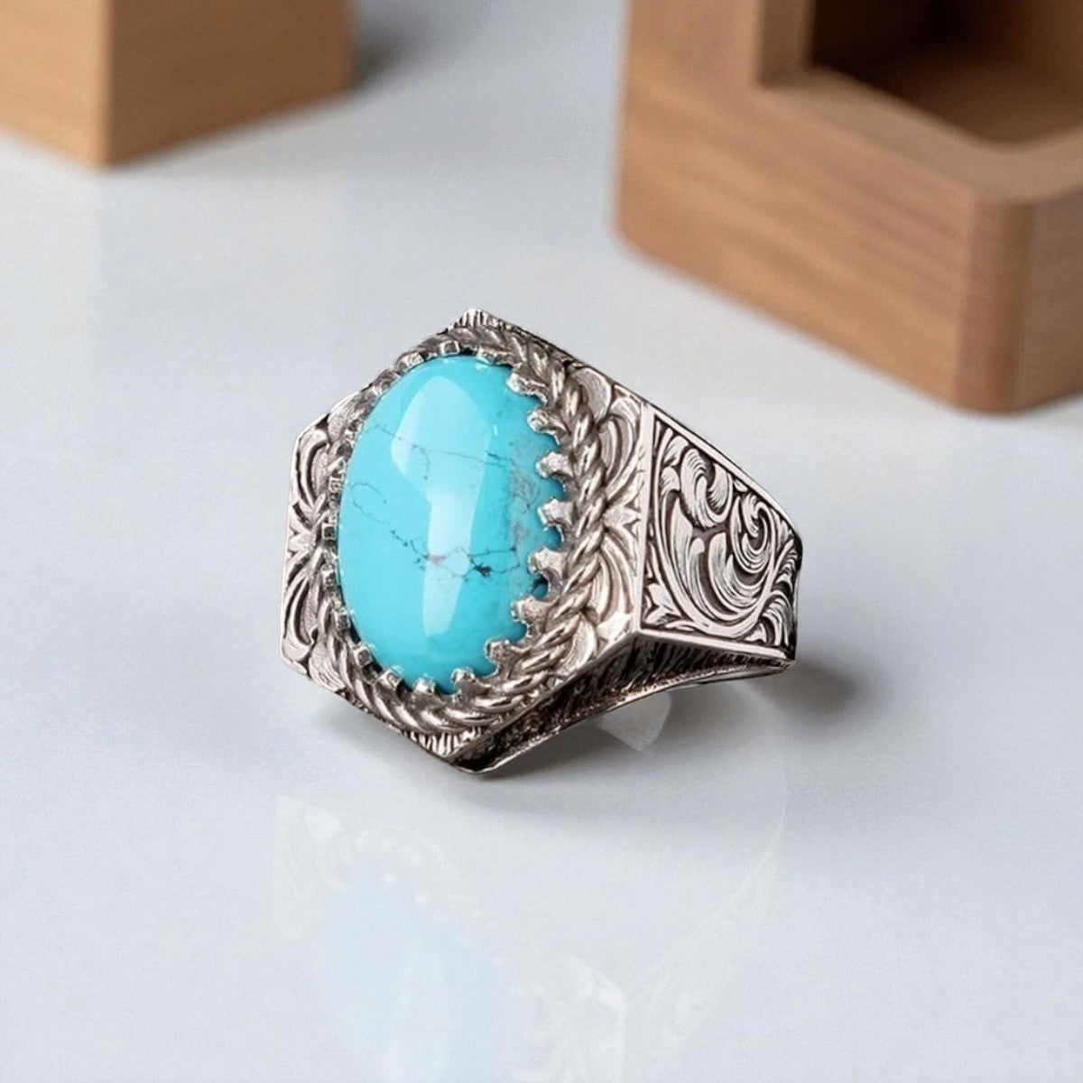 Oval Turquoise Stone Handcrafted Men's Silver Ring