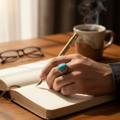 Oval Turquoise Stone Handcrafted Men's Silver Ring