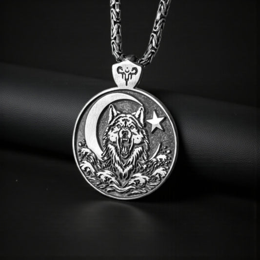 Collier en argent croissant étoile loup gris