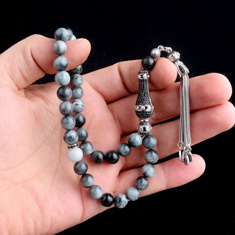 Gray Tiger Eye Prayer Beads with 925 Silver Tassel