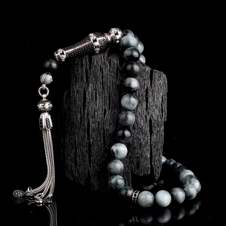 Gray Tiger Eye Prayer Beads with 925 Silver Tassel