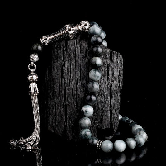 Gri Kaplangözü Tesbih – 925 Ayar Gümüş