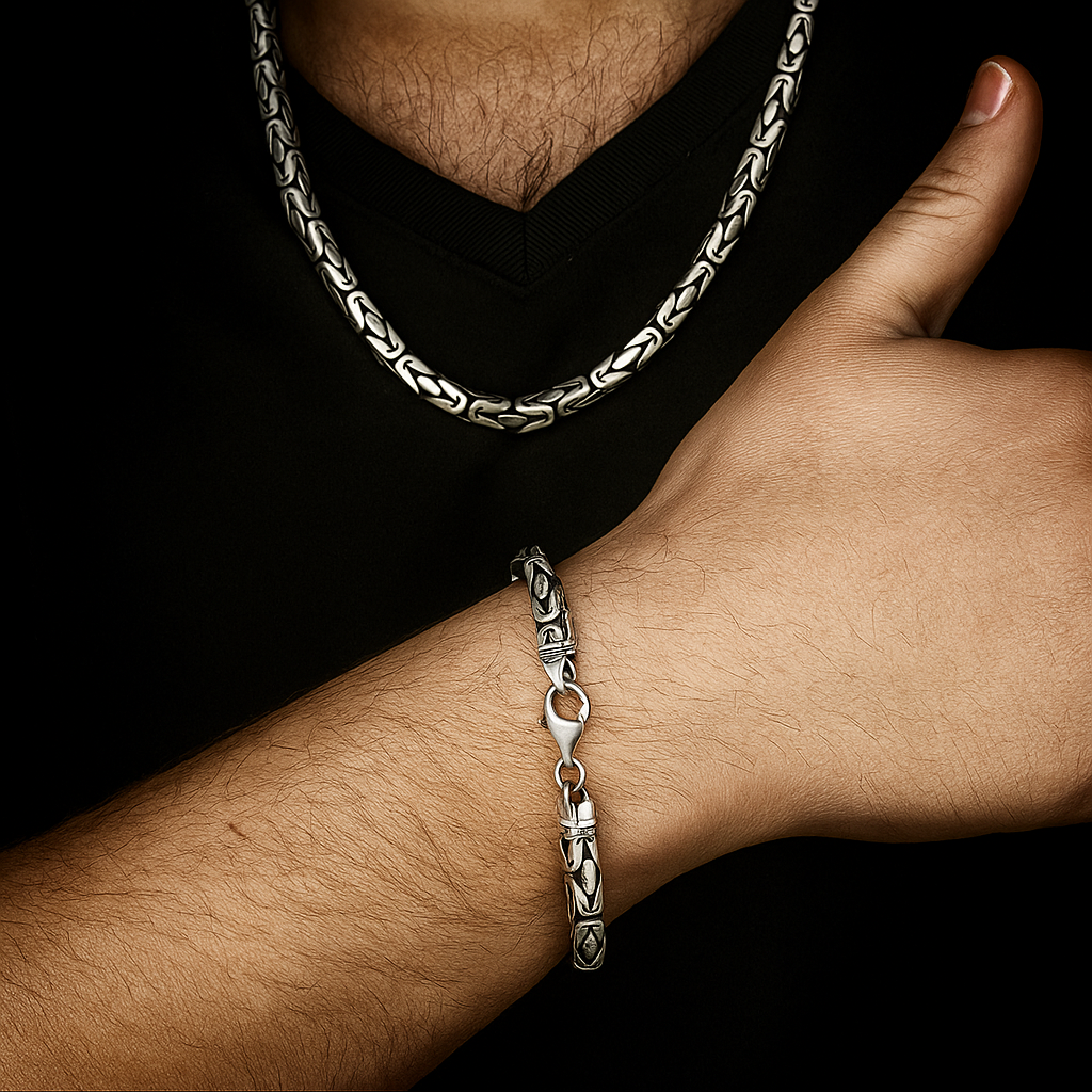 925 Sterling Silver King Chain Necklace & Bracelet Set
