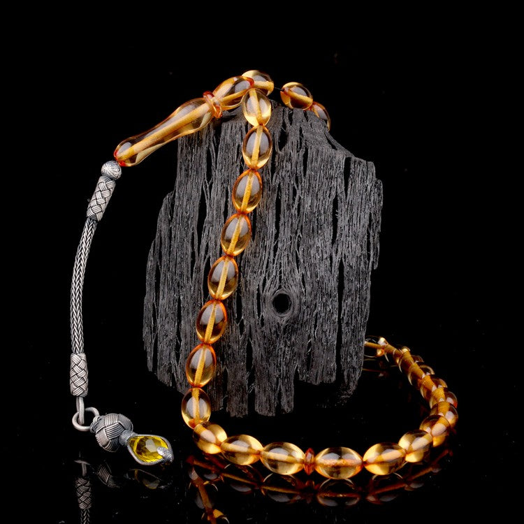 1000 Ayar Gümüş Püsküllü Arpa Kesim Ateş Kehribar Tesbih