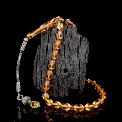 1000 Ayar Gümüş Püsküllü Arpa Kesim Ateş Kehribar Tesbih