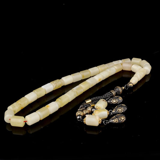 925 Ayar Gümüş Püsküllü Kesme Model Damla Kehribar Tesbih