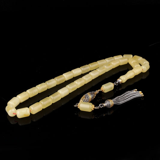 925 Ayar Gümüş Püsküllü Kesme Model Damla Kehribar Tesbih