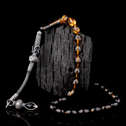 1000 Ayar Gümüş Püsküllü Süzme Ateş Kehribar Tesbih