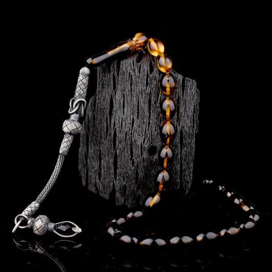 1000 Ayar Gümüş Püsküllü Süzme Ateş Kehribar Tesbih