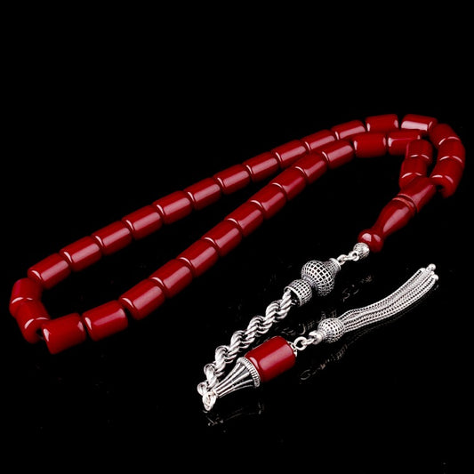 925 Ayar Gümüş Püsküllü Kesme Model Bordo Ateş Kehribar Tesbih
