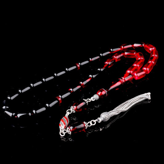 925 Ayar Mineli Püsküllü Süzme Ateş Kehribar Tesbih